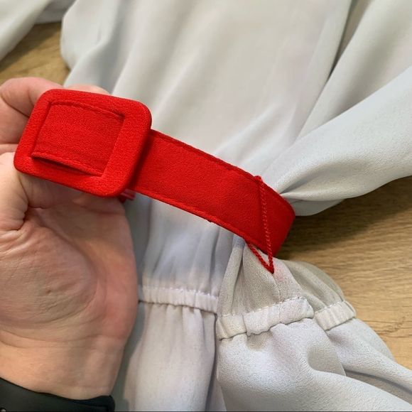 𝅺Vintage PC Sophisticate High Neck Peplum Skirt and Belt Red and Grey Size 7/8 - Picture 8 of 11